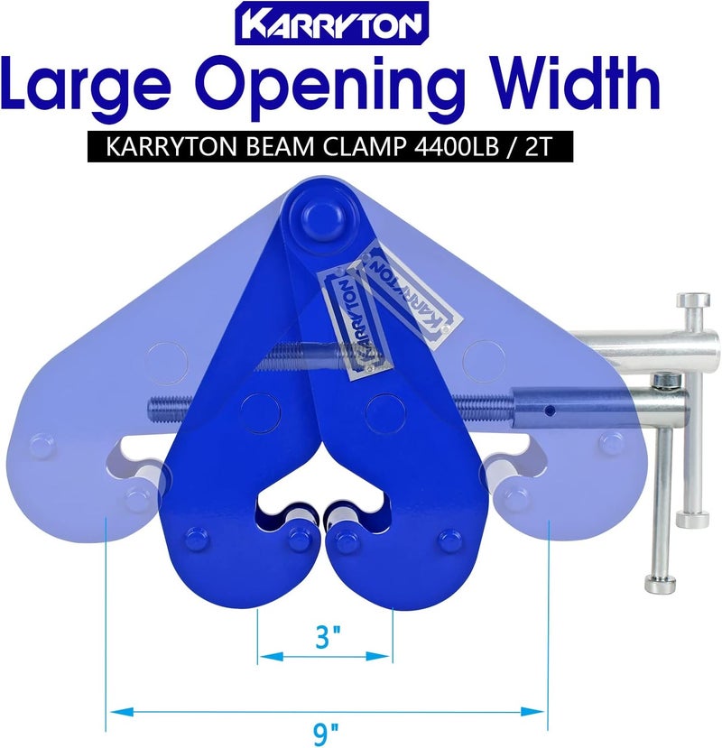 KARRYTON مشبك شعاع 4400LB/2طن، لرفع ورفع، عرض حافة الشعاع 3-9 بوصة مشبك رفع شعاع I ثقيل الاستخدام مع رافعة للبناء، الصناعة، المنزل والمرآب (2 طن) - Image 5
